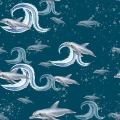 Hand drawn graphic dolphins. Flying dolphins seamless pattern. Dolphin under the sea abstract background. Splashes, ink stain, paint texture.