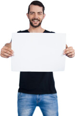 Fototapeta premium Portrait of happy man showing blank cardboard