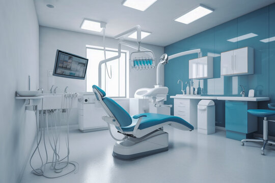 Modern dentist's office with chair. Super photo realistic background, generative ai illustration