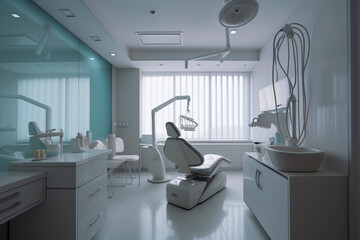 Modern dentist's office with chair. Super photo realistic background, generative ai illustration