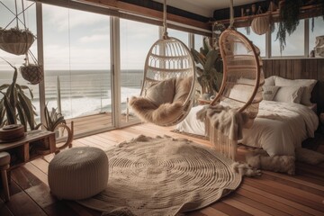 A seaside bohemian bedroom with a hanging macrame egg chair, a wood stool, and a patio and garden in the backdrop. Generative AI