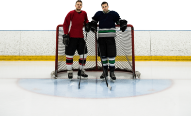 Ice hockey players standing by goal post