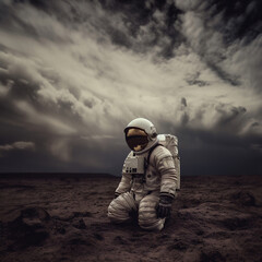 Lost astronaut kneeling on the surface of an alien planet. Generative AI.