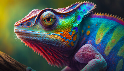 Colorful chameleon, on nature background, close up. Generative AI - obrazy, fototapety, plakaty