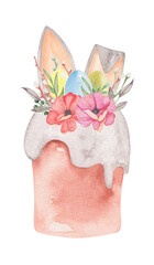  Watercolor composition easter cake with bunny ears, easter eggs, flowers, willow branches and leaves