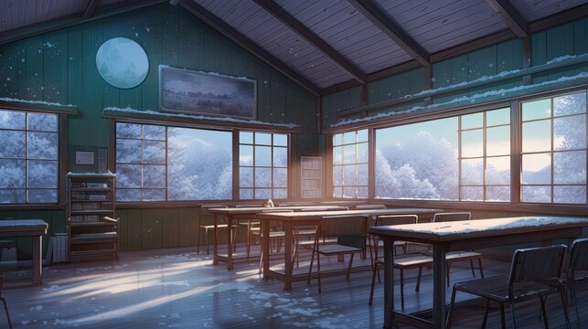 High quality 2D anime classroom background, winter vibe, Generative AI