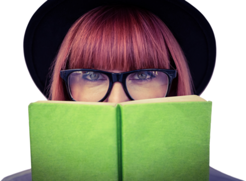 Hipster woman behind a green book