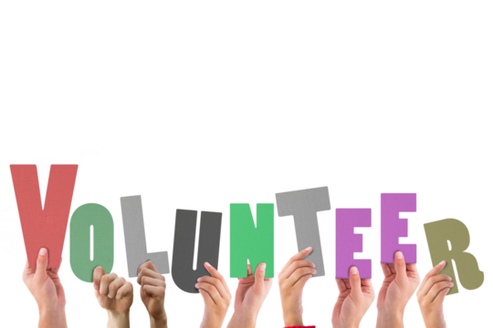 Cropped hands holding colorful word volunteer 