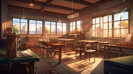 High quality 2D anime classroom background, summer vibe, Generative AI