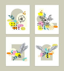 Fashion collage of watercolor spots, flower, leaf, wings, geometric shapes