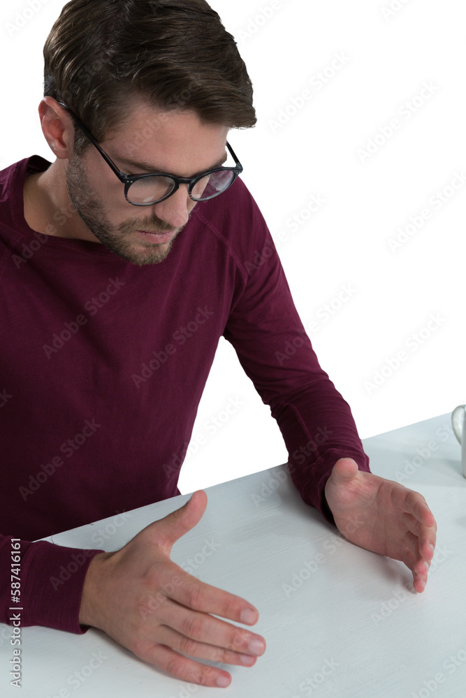 Poster Man pretending to hold an invisible object