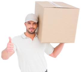 Delivery man with cardboard box gesturing thumbs up
