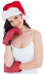 Beauty brown hair in boxing gloves