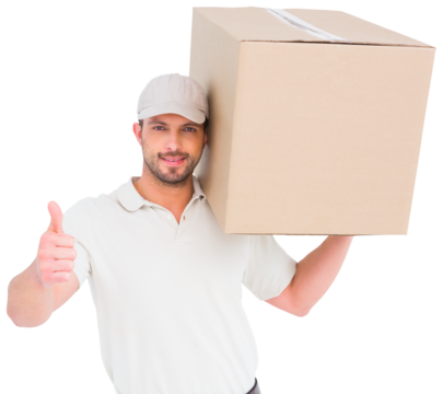 Delivery man with cardboard box gesturing thumbs up 
