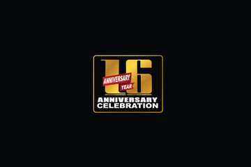 16th, 16 years, 16 year anniversary celebration rectangular abstract style logotype. anniversary with gold color isolated on black background, vector design for celebration vector.eps