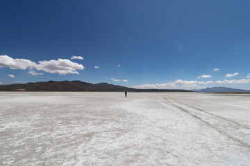 Salinas Peru Aguada Blanca. Salt Flats Peru. Lonely Person walking in salt flat. 