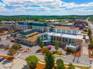 Fototapeta na wymiar Southern New Hampshire Medical Center aerial view at 8 Prospect Street at Main Street in historic downtown Nashua, New Hampshire NH, USA.