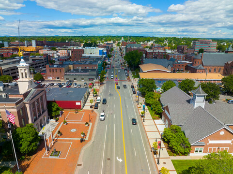 Historic commercial buildings aerial view on Main Street in historic downtown Nashua, New Hampshire NH, USA.