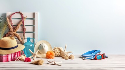 Beach accessories on background
