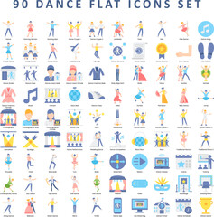 Fototapeta na wymiar 90 Dance Flat Icons Set
