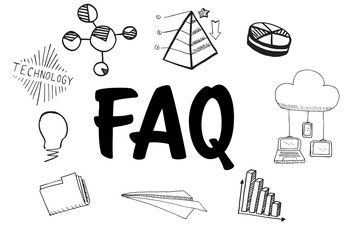 FAQ text amidst various vector icons