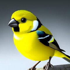 Create a professional artwork of a very cute baby canary, rendered in 3D and hyper-realistic detail. The canary should be anatomically correct, with a symmetrical body and beautiful generated by Ai 
