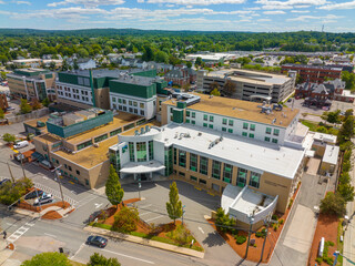 Southern New Hampshire Medical Center aerial view at 8 Prospect Street at Main Street in historic downtown Nashua, New Hampshire NH, USA.