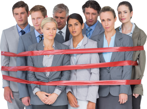 Upset business team fastened with adhesive tape 