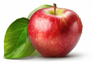 Isolated apple. Whole red, apple fruit with leaf isolated on white, with clipping path. Generative AI.