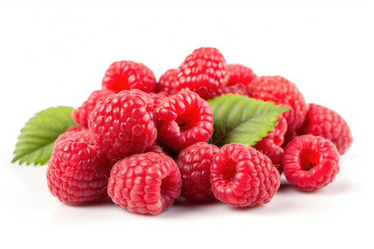 Raspberry with leaves isolated on white background. Generative AI