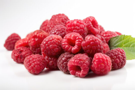 Raspberry with leaves isolated on white background. Generative AI