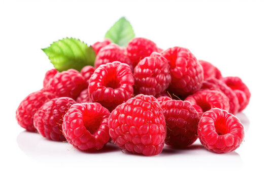 Raspberry with leaves isolated on white background. Generative AI