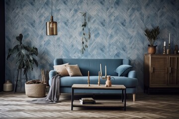 Farmhouse living room with blue and beige herringbone parquet and wallpaper. Decor, sofa, and jute carpet. Boho decor,. Generative AI