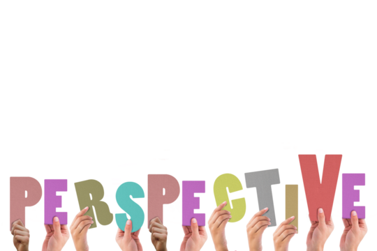 Colorful alphabet spelling perspective held up by people 