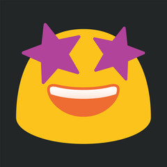 Star Struck. Yellow face with a broad, open smile, showing upper teeth with stars for eyes vector icon emoji. Isolated amazing, fascinating, impressive, exciting symbol sign design.
