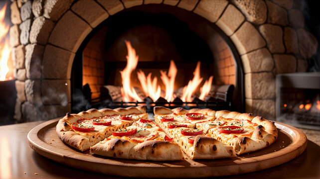 closeup of a slice of delicious cheese pizza in front of a stone oven, generative AI