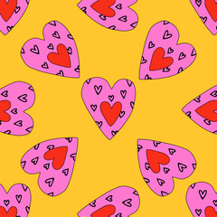  1970 psychedelic seamless pattern. 1970s good vibes hearts ornament. 1960 retro Valentine. Hippie peace and love. Funky and groove card. Trippy art.Hippie wallpaper background poster