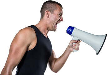 Irritated male trainer yelling through megaphone