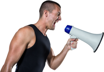 Irritated male trainer yelling through megaphone