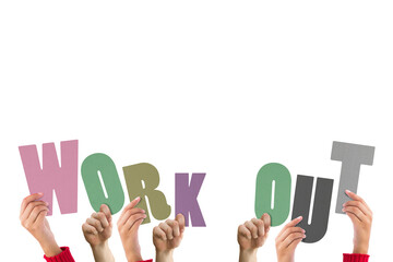 Cropped hands holding colorful words work out 