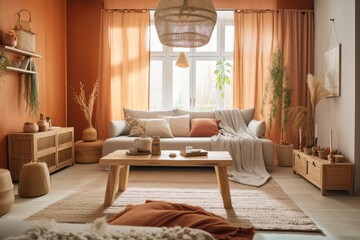Close up of orange and beige wooden living room. Rattan carpet, coffee tables, drapes, and fabric couch. Japandi farmhouse decor,. Generative AI