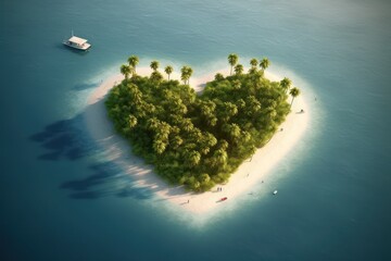 A heart shaped glass rests on a sandy beach with the reflection of the evening sun. Couple island