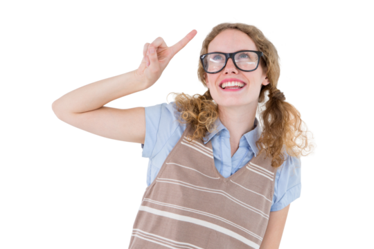 Geeky hipster woman pointing up 