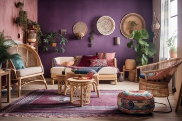 Fototapeta na wymiar White and purple bohemian living room with parquet and wallpaper. Sofa, jute carpet, rattan armchair. Boho interior design, plan, above,. Generative AI