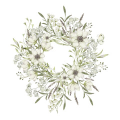 Floral wreath. Hand painted frame of greenery, wildflowers, herbs. Green leaves, field flowers isolated on white background. Botanical watercolor illustration for design, print or background