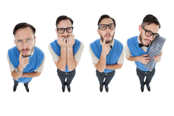 High angle portrait view of eccentric thoughtful man