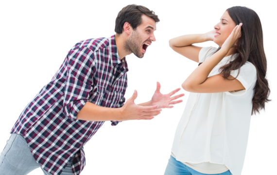 Fearful brunette being overpowered by boyfriend