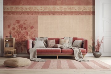 Red and beige hardwood living room mockup. Parquet, rattan, fabric sofa, wallpaper. Farmhouse decor,. Generative AI