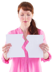Woman holding torn sheet of paper