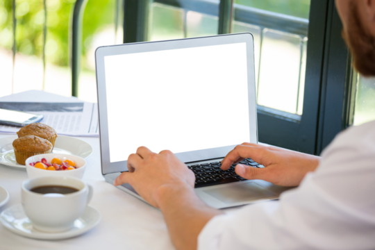 Businessman using laptop at table in restaurant